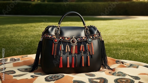 A bohemian slouchy bag with colorful embroidery and fringes lying on a patterned picnic blanket under dappled sunlight  photo