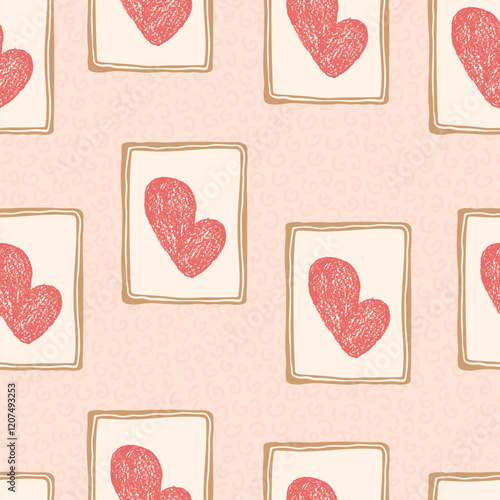 Hearts crayon drawn seamless pattern. Valentines day rectangular frames with love symbols repeat background. Vintage farmhouse backdrop. Romantic date motif. Vector hand drawn illustration.