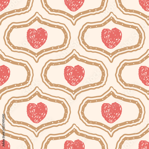 Hearts crayon drawn seamless pattern. Valentines day ogee repeat background. Love symbols endless backdrop. Surface pattern design romantic date motif. Vector hand drawn illustration.