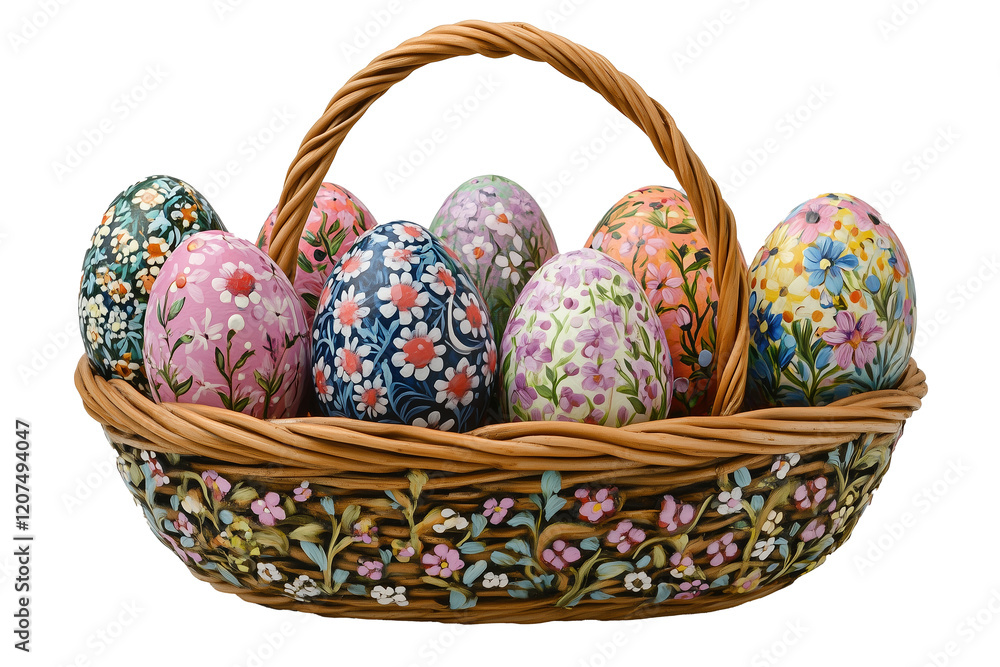 A basket filled with colorful hand-painted Easter eggs on transparent background A basket filled with colorful hand-painted Easter eggs on transparent background