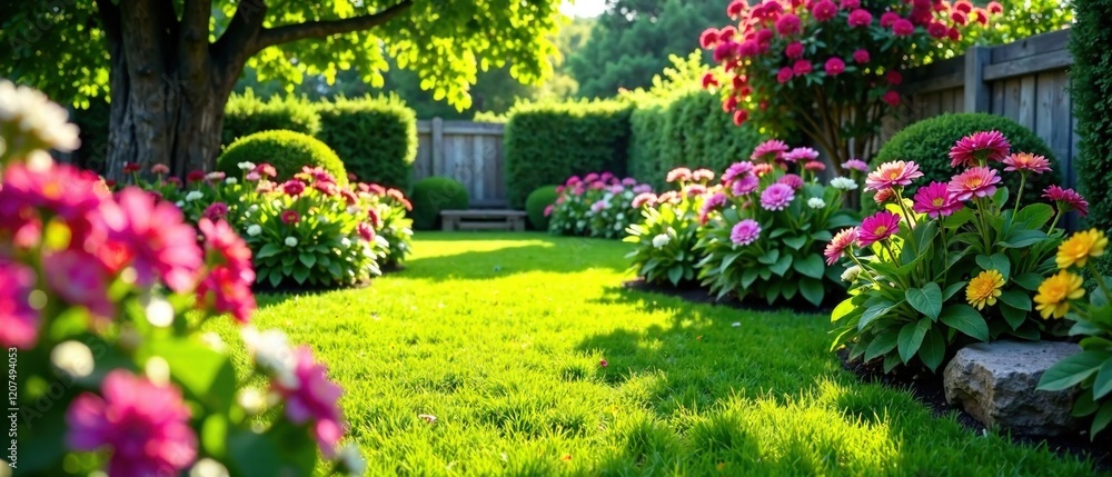 Fototapeta premium Sunny Backyard Garden, Lush Flowers, Stone Path