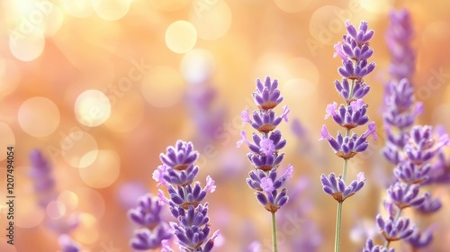 Gentle bokeh in golden and lavender tones, delicate and harmonious compositio  photo