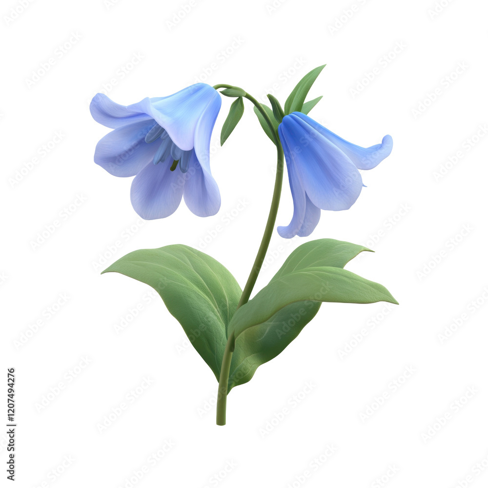 Fototapeta premium Bluebell Flower with Leaves 3D illustration featuring a single blue flower with soft petals and large green leaves. Capture the delicate beauty of bluebells. Isolated on transparent background, png.
