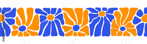 Trendy floral seamless border with retro flowers. Abstract blossom print in naive drawing style. Vector illustration