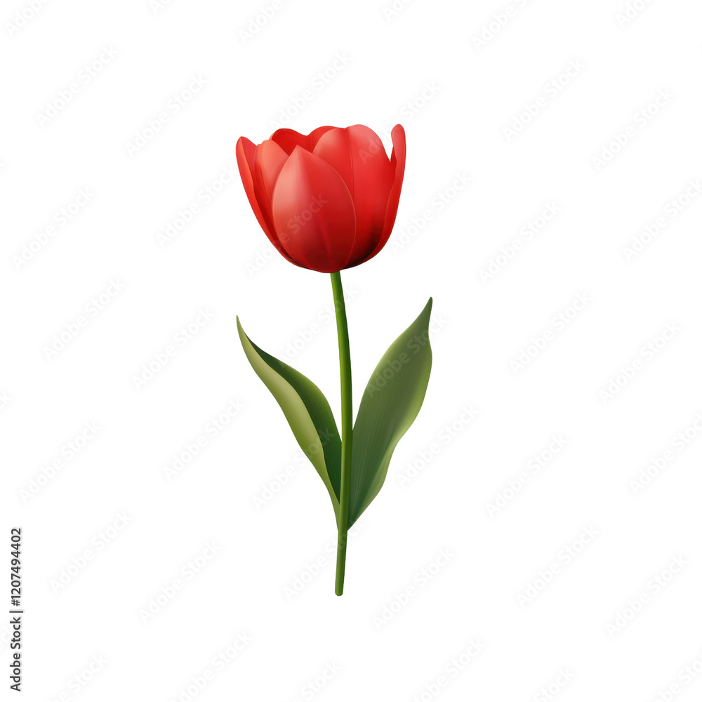 Red Tulip Flower 3D illustration with vibrant red petals and long green leaves. This minimal and elegant floral design captures the beauty of a blooming tulip. Isolated on transparent background, png. Red Tulip Flower 3D illustration with vibrant red petals and long green leaves. This minimal and elegant floral design captures the beauty of a blooming tulip. Isolated on transparent background, png.