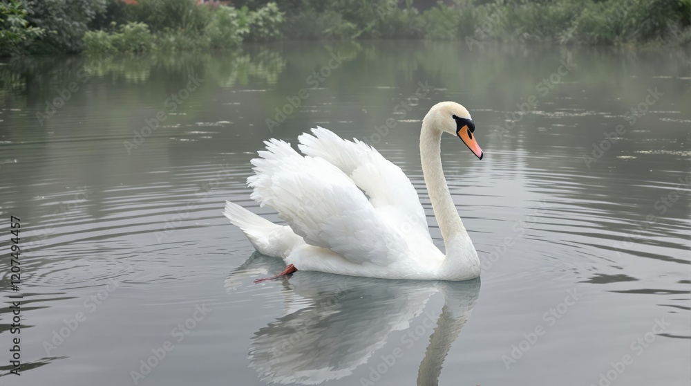 Fototapeta premium Beautiful white swan cygnus olor gliding on a tranquil pond under overcast skies with wings open, gliding, beauty, pond, nature, cygnus olor