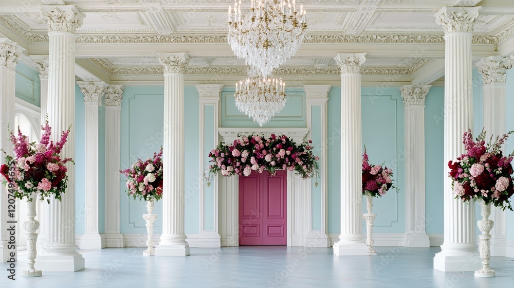 Naklejka premium A Rococo wedding reception featuring a live string quartet luxurious chandeliers and dancing under frescoed ceilings rare Rococo wedding celebration atmosphere 