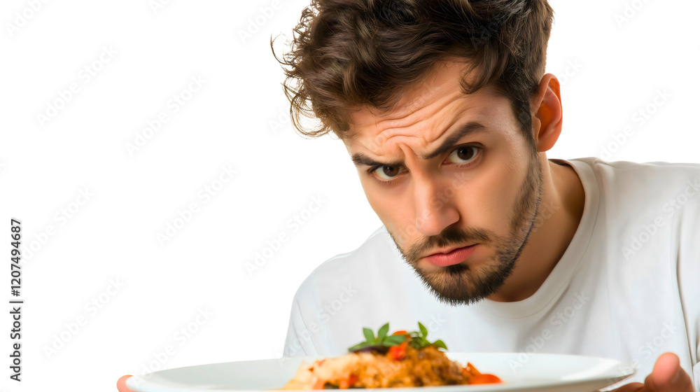 Confused Man Expressing Disappointment Over Gourmet Dish in Restaurant Close-Up Food Photography Confused Man Expressing Disappointment Over Gourmet Dish in Restaurant Close-Up Food Photography