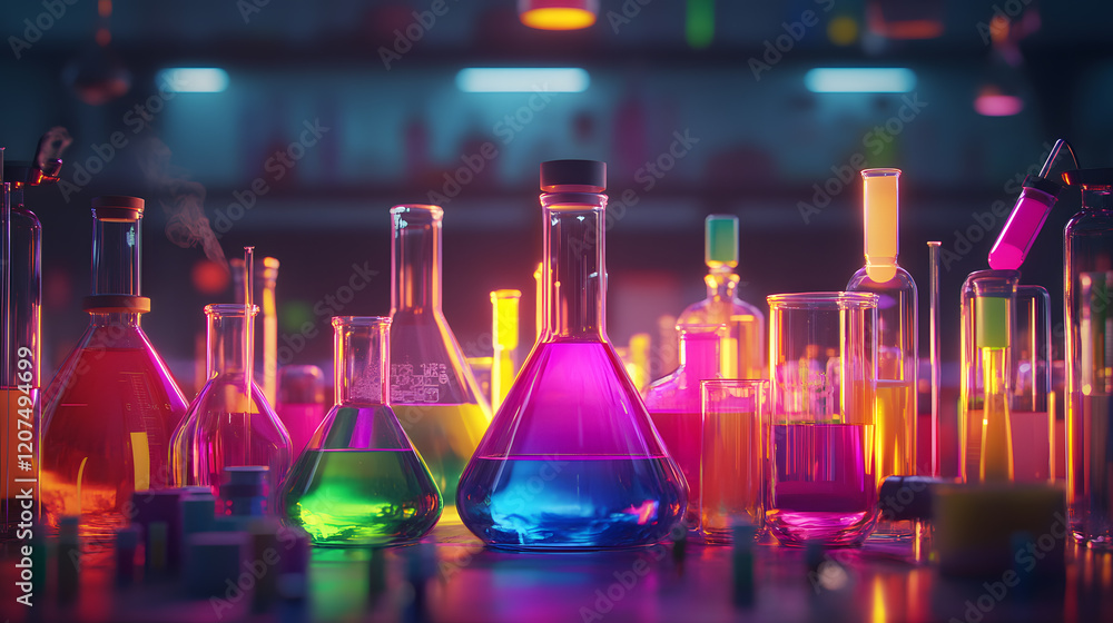vibrant chemistry lab with colorful liquids in various glassware, creating dynamic and experimental atmosphere. scene is illuminated with neon lights, enhancing vivid colors of liquids vibrant chemistry lab with colorful liquids in various glassware, creating dynamic and experimental atmosphere. scene is illuminated with neon lights, enhancing vivid colors of liquids