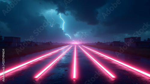Glowing pink lines illuminate a rain-soaked road under a stormy, electrifying sky; buildings stand silhouetted in the distance, creating a dramatic, atmospheric scene.