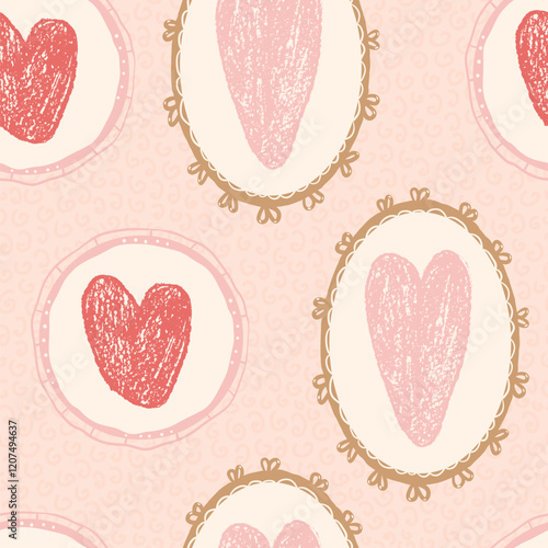 Hearts in oval and circular vintage frame seamless pattern. Valentines day coquette repeat background. Love symbols endless backdrop. Romantic retro date motif. Vector hand drawn illustration.