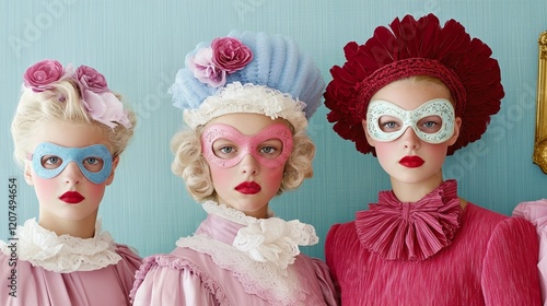 A Rococo party photo booth with gilded frames feathered masks and velvet backdrops where guests pose playfully in extravagant costumes rare Rococo party playful luxury  photo