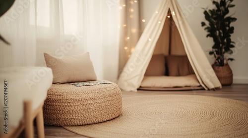 A room lit by twinkling fairy lights with friends doing puzzles and enjoying soft music at a peaceful nesting party 