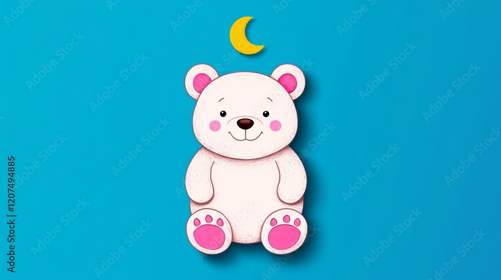 A sleepy cartoon bear with a crescent moon above drawn with clean minimal lines on a soft blue gradient background for a relaxing feel A sleepy cartoon bear with a crescent moon above drawn with clean minimal lines on a soft blue gradient background for a relaxing feel