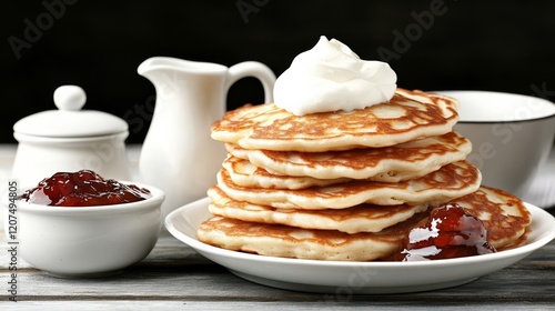 A rustic breakfast scene with syrniki (cottage cheese pancakes) served with sour cream jam and powdered sugar rare classic Soviet Union food sweet start  photo