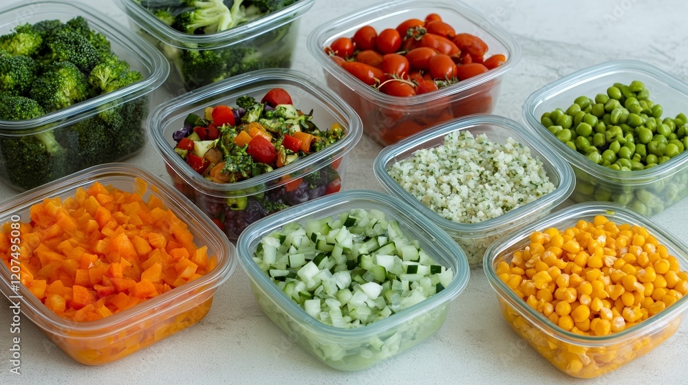 A table filled with freezer friendly prep ingredients like fresh vegetables grains and sauces ready to be portioned and sealed A table filled with freezer friendly prep ingredients like fresh vegetables grains and sauces ready to be portioned and sealed