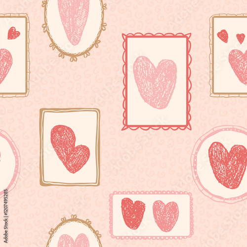 Hearts crayon drawn seamless pattern. Valentines day rectangular and round frames with love symbols repeat background. Vintage farmhouse backdrop. Romantic date motif. Vector hand drawn illustration.
