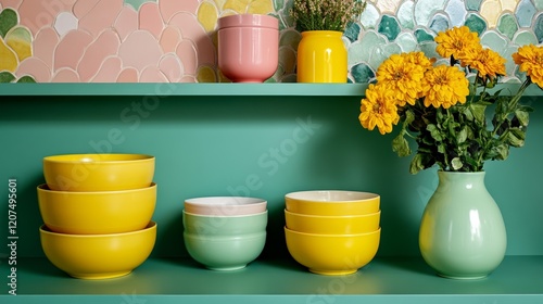 Eclectic maximalist kitchen bursting with personality featuring open shelves full of colorful ceramics mismatched tiles and bold textured wallpaper rare eclectic maximalism charm  photo