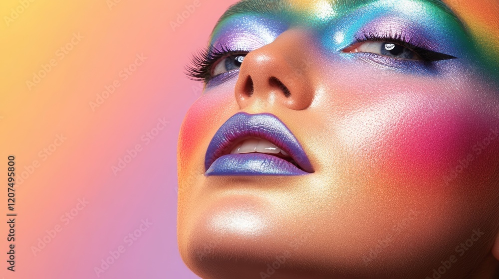 Fototapeta premium Graphic eyeliner art framing the eyes with bold colorful swirls and abstract shapes paired with minimalist lips for balance