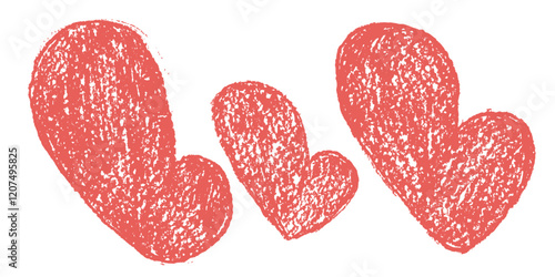 Crayon Hearts. Red romantic doodle elements. Love sign grunge icon. Textured vector charity or kind scribble symbol shapes drawn illustration isolated on white background