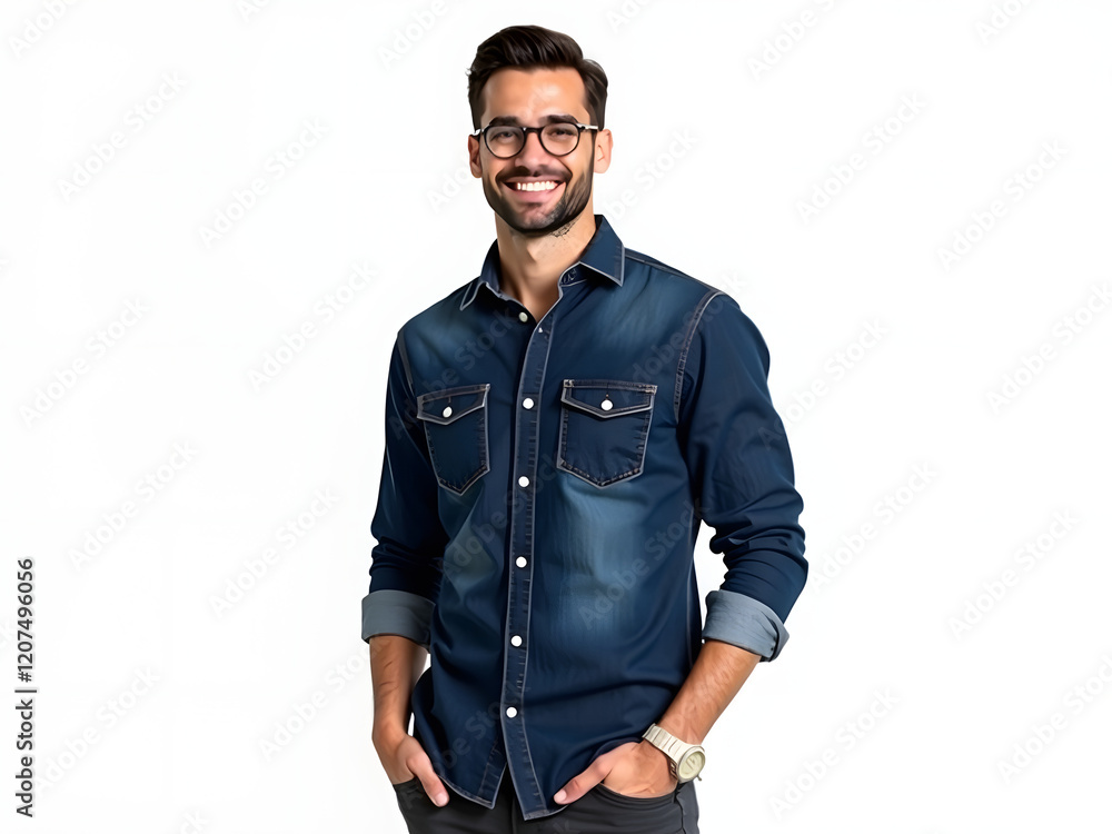 Portrait of a Confident Man in a Casual Denim Shirt with Glasses, Isolated on White Background Portrait of a Confident Man in a Casual Denim Shirt with Glasses, Isolated on White Background