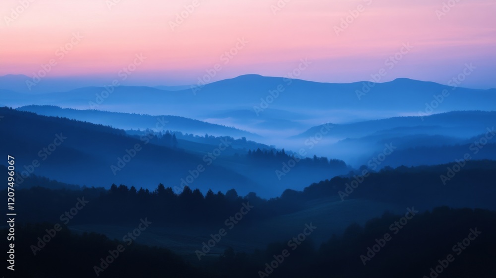 Serene Blue and Pink Sunrise Over Misty Mountains Serene Blue and Pink Sunrise Over Misty Mountains