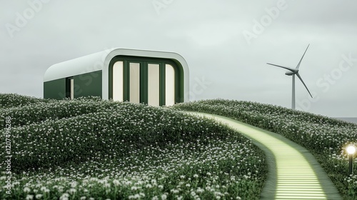 Solarpunk house with a living roof covered in wildflowers wind turbines in the background and a glowing pathway made of bioluminescent stones  photo