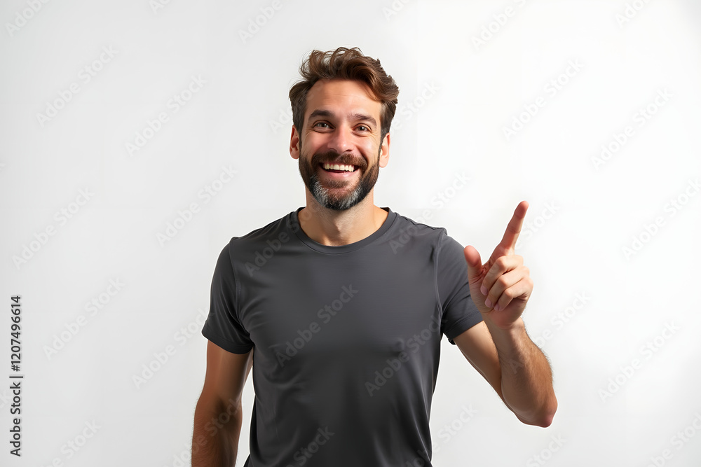 Fototapeta premium Cheerful Bearded Man Pointing Upwards in a Gray T-Shirt
