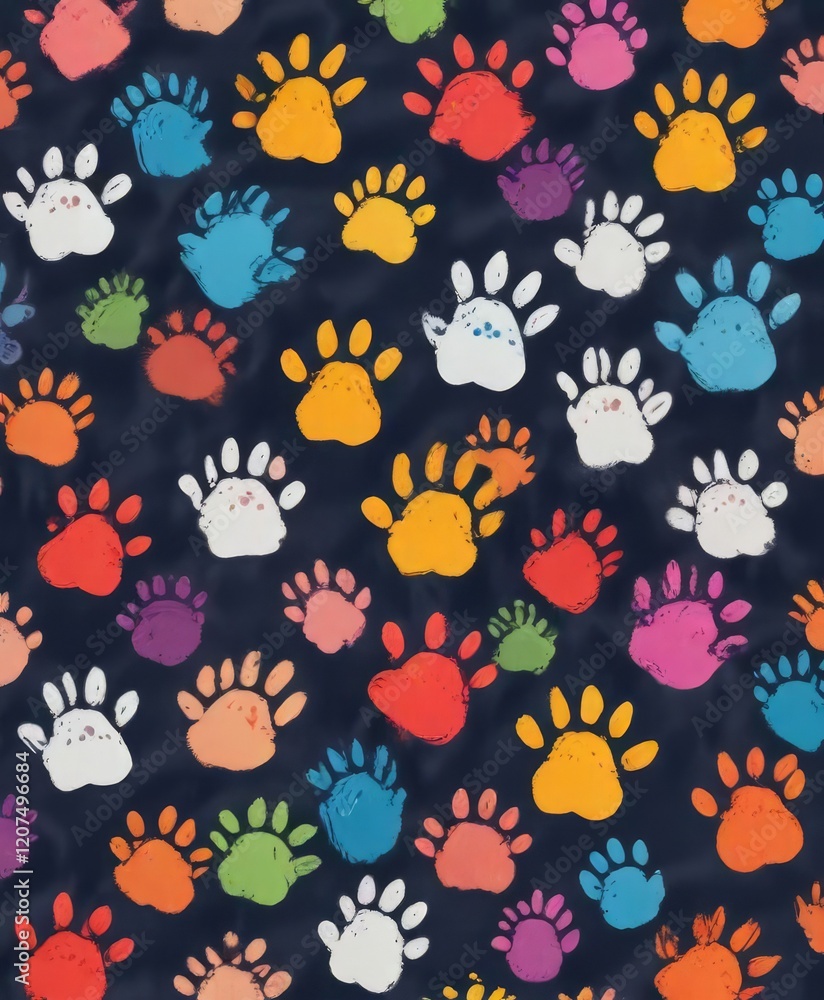 Cheerful and colorful pattern with a variety of hand paw prints, background, animal Cheerful and colorful pattern with a variety of hand paw prints, background, animal