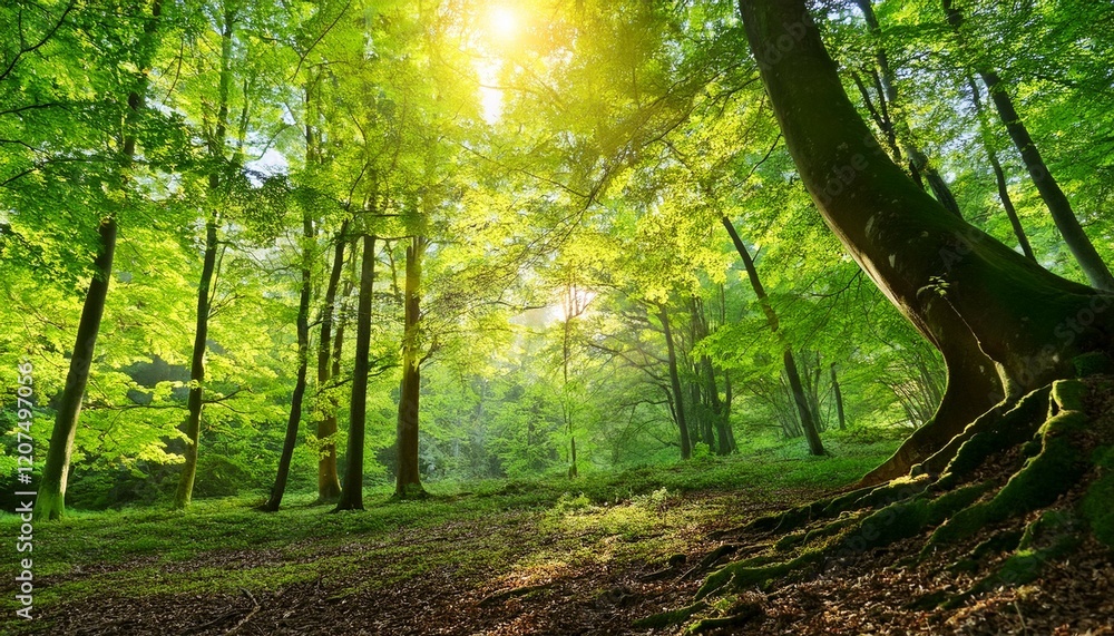 Fototapeta premium lush green canopy vibrant new leaves sunlight dappled forest floor ecology background