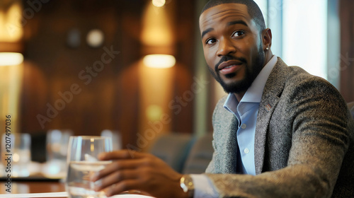 Confident Businessman Enjoying a Drink in a Modern Office Meeting photo