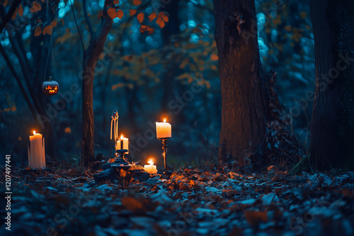 fabulous Night forest and magic candles. mysterious fairy scene. witchcraft ritual. fall season natural Background. Samhain, Halloween holiday concept. copy space	 photo