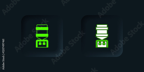 Green Water cooler for office and home icon isolated on black background. Water dispenser. Bottle office, plastic and liquid. Black square button. Vector