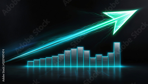 Illuminated glowing bar chart showcasing growth with a neon green arrow symbolizing progress and success.