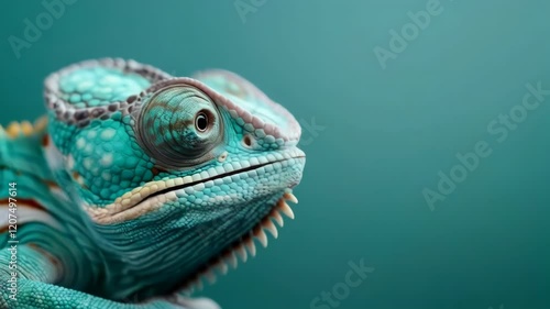 A colorful chameleon on a branch in a green exotic rainforest. Focus on the head in close-up, macro photography with soft light.