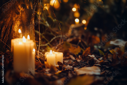 Obraz na płótnie fabulous Night forest and magic candles. mysterious fairy scene. witchcraft ritual. fall season natural Background. Samhain, Halloween holiday concept. copy space w salonie