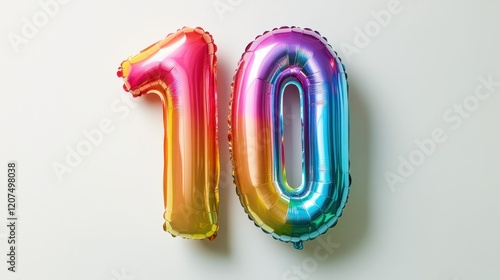 Number 10 in metallic rainbow foil balloons on a white background.