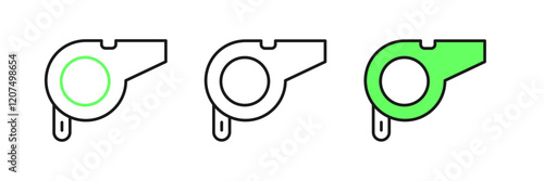 Set line Whistle icon isolated on white background. Referee symbol. Fitness and sport sign. Vector