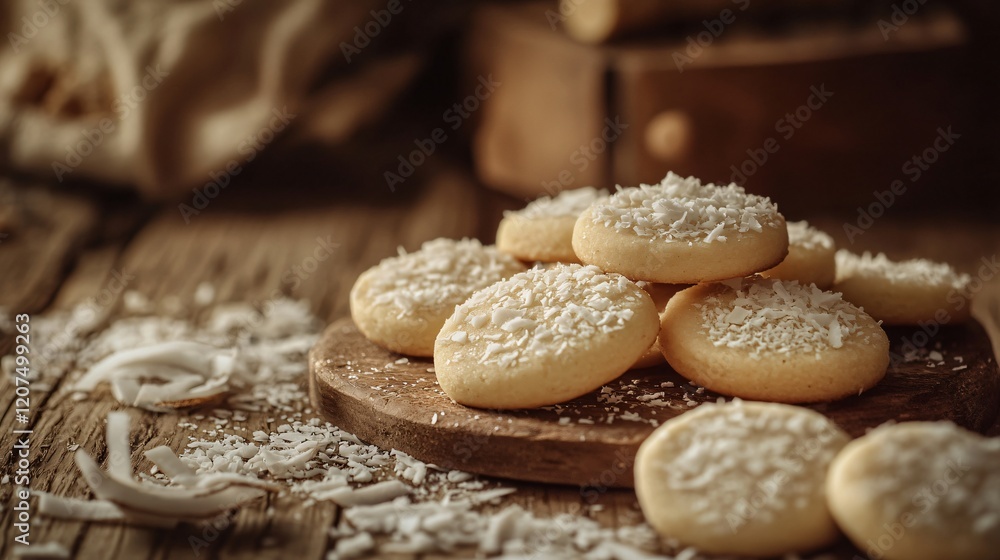 Rustic Coconut Cookies Display on Wooden Board with Sprinkled Coconut Flakes Rustic Coconut Cookies Display on Wooden Board with Sprinkled Coconut Flakes