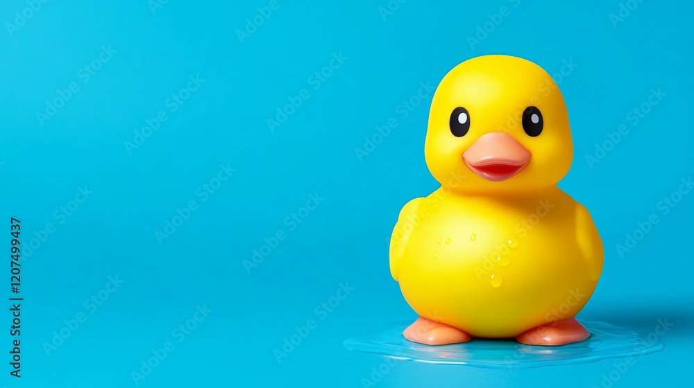 A bright yellow cartoon duckling with a tiny smile standing in a small puddle of water against a soft sky blue background for a minimalist design A bright yellow cartoon duckling with a tiny smile standing in a small puddle of water against a soft sky blue background for a minimalist design