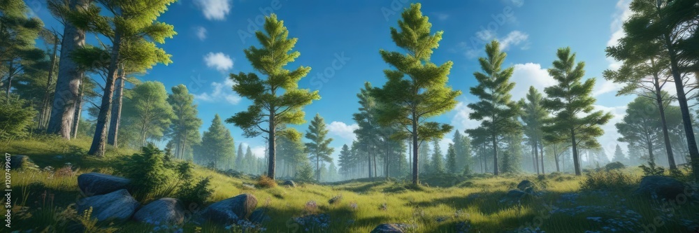 Fototapeta premium Calmness is captured by the endless expanse of natural greenery under a brilliant blue sky as forest elements fade into the distance in soft focus , blue sky, forest horizon, serene atmosphere