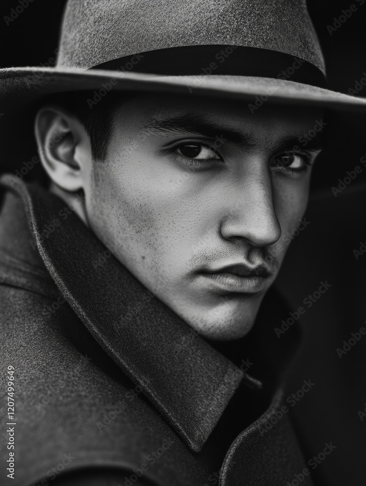 Dramatic Black-And-White Portrait of a Young Man Wearing a Stylish Hat and Coat With a Confident Expression Dramatic Black-And-White Portrait of a Young Man Wearing a Stylish Hat and Coat With a Confident Expression