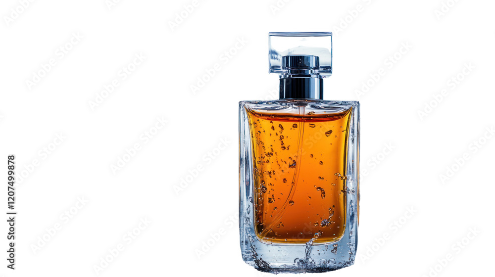 Elegant glass perfume bottle with amber liquid, isolated on a white background. Perfect for beauty and fragrance advertisements. Elegant glass perfume bottle with amber liquid, isolated on a white background. Perfect for beauty and fragrance advertisements.