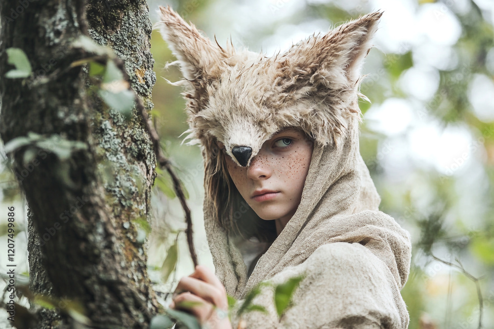 A mystical forest bathed in soft moonlight, where a young boy wearing a wolf mask stands amidst towering ancient trees. adventure, mystery, and the allure of folklore