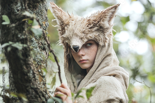 A mystical forest bathed in soft moonlight, where a young boy wearing a wolf mask stands amidst towering ancient trees. adventure, mystery, and the allure of folklore photo