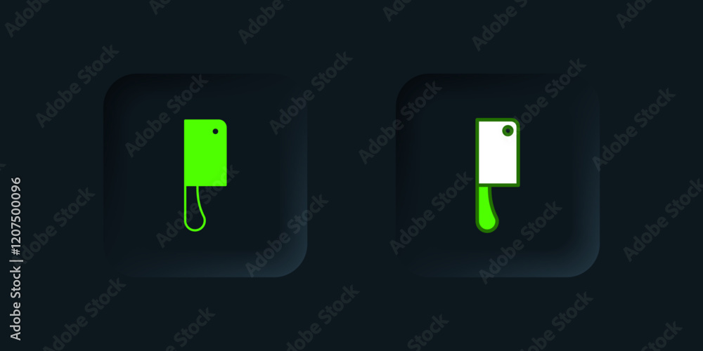 Green Meat chopper icon isolated on black background. Kitchen knife for meat. Butcher knife. Black square button. Vector Green Meat chopper icon isolated on black background. Kitchen knife for meat. Butcher knife. Black square button. Vector