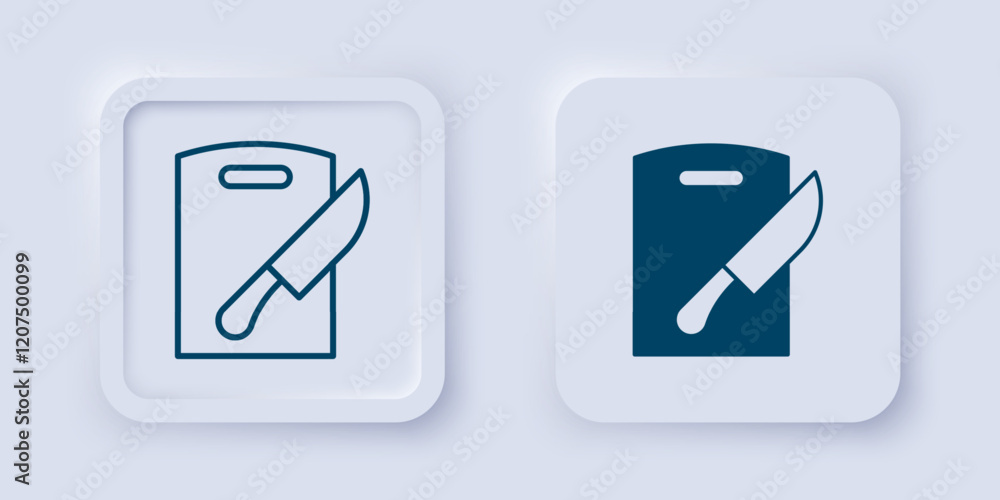 Filled and outline Cutting board and knife icon isolated on grey background. Chopping Board symbol. Cutlery symbol. Square button. Vector Filled and outline Cutting board and knife icon isolated on grey background. Chopping Board symbol. Cutlery symbol. Square button. Vector