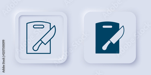 Filled and outline Cutting board and knife icon isolated on grey background. Chopping Board symbol. Cutlery symbol. Square button. Vector