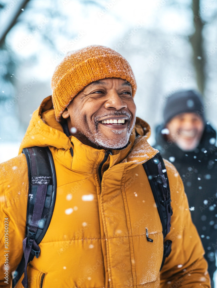 Fototapeta premium Older African American Man Smiling in Snow, Enjoying Winter Outdoors With Friends