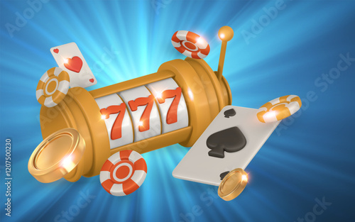 Realistic 3d casino game concept. Slot machine, playing cards, poker chips. Gambling concept. Vector illustration